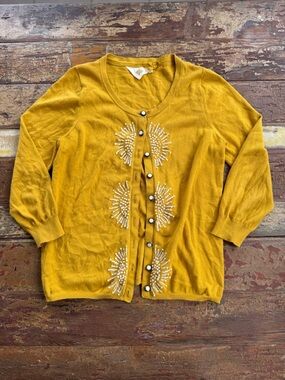 Anthropologie Mustard Yellow Embellished Embroidered Sun Cardigan Spring | M